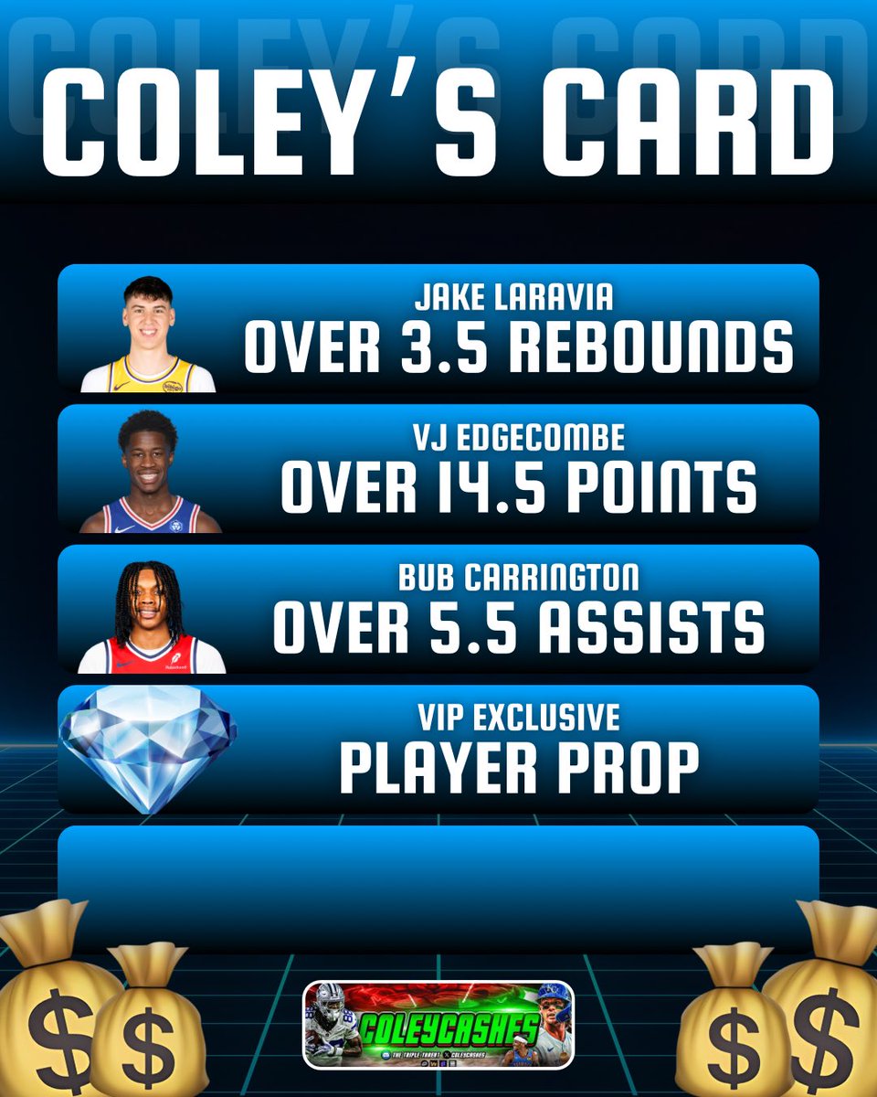 ⛲️ NBA FRIDAY BETTING CARD: 

$25 TO SOMEONE THAT FOLLOWS 🫂, COMMENTS 💬, AND REPOSTS ♻️ IF WE GO 4/4!

• Jake LaRavia “O” 3.5 Rebounds (-125) w/ <a href="/PropKitchen/">PropKitchen 🧑‍🍳</a> 👨‍🍳 &amp; <a href="/TheGr8Picks/">TheGr8Picks</a> 💼 
• VJ Edgecombe “O” 14.5 Points (-120) w/ <a href="/FrannysPlays/">Franny</a> 🍻 
• Bub Carrington “O” 5.5 Assists