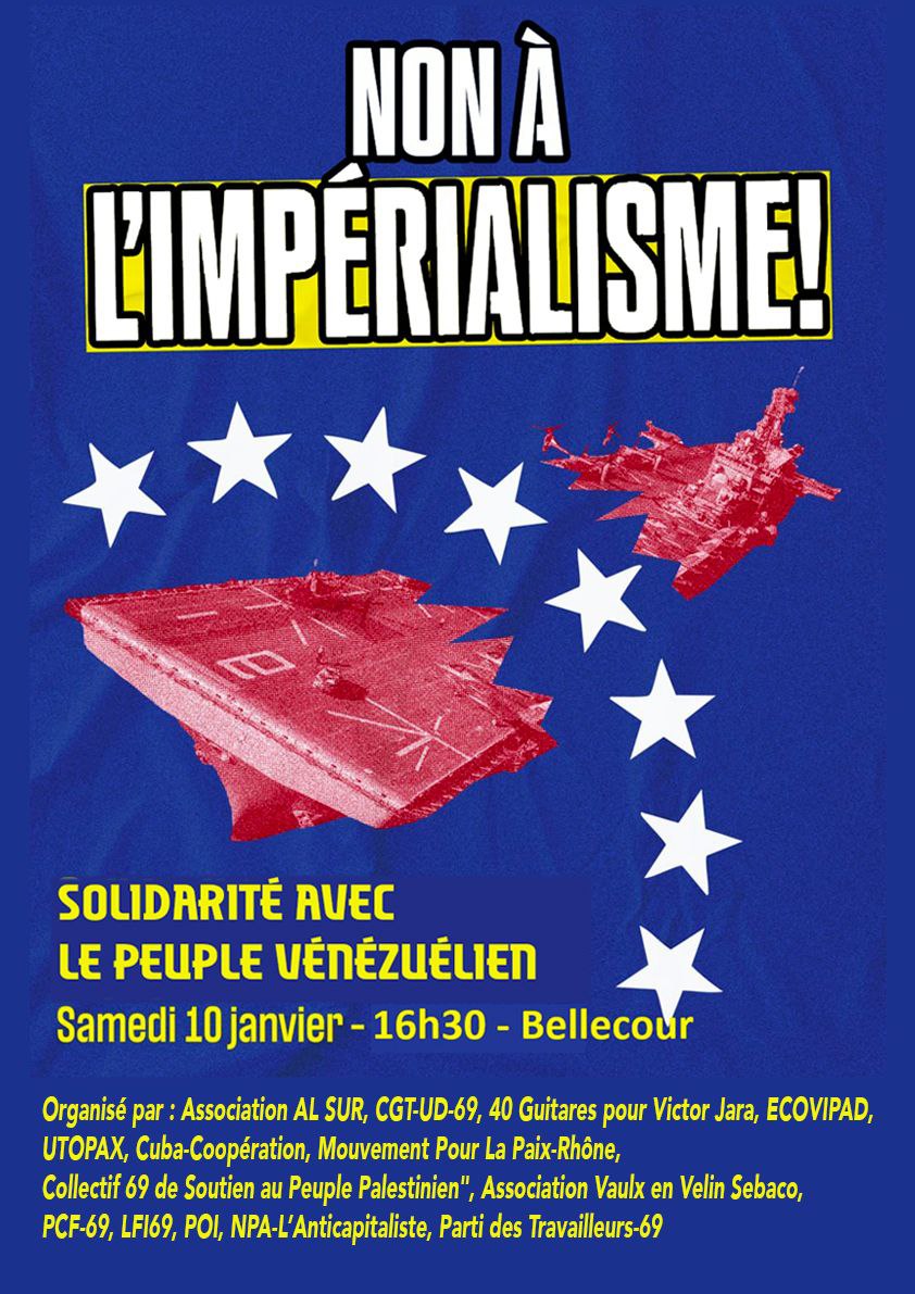 🔴 NON À L'IMPÉRIALISME !

Solidarité avec le peuple Vénézuélien.

Avec la présence de <a href="/JLMelenchon/">Jean-Luc Mélenchon</a>.

🗓️ Samedi 10 Janvier - 16h30
📌 Place Bellecour, Lyon.