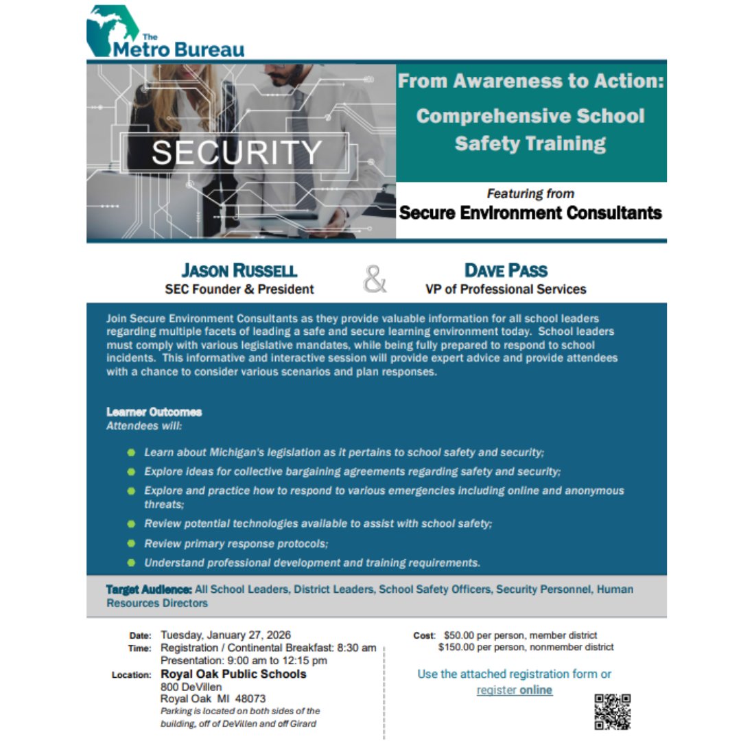 🔐 From Awareness to Action: School Safety Training
An interactive session for school leaders on compliance, preparedness, and incident response. Empower your leadership team with expert guidance to boost school safety! 
🗓 Jan 27, 2026
📍 Royal Oak Public Schools, Royal Oak, MI