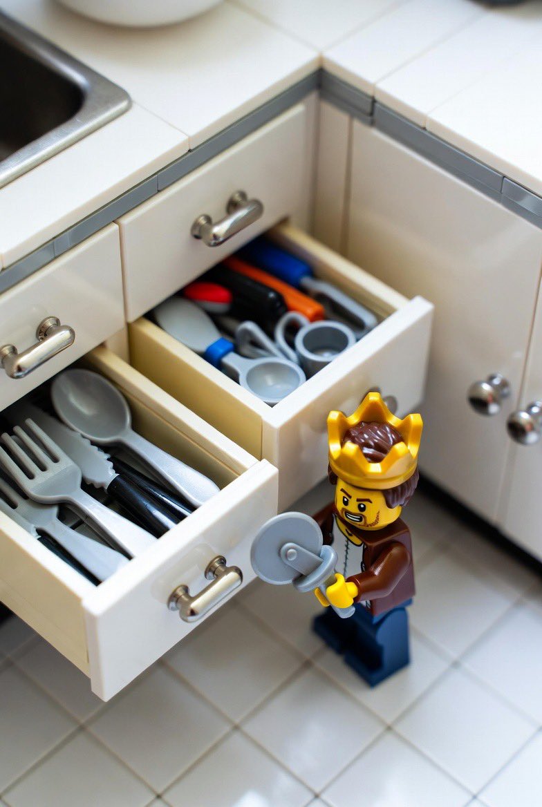 Legoking's tweet image. Can anyone tell me what drawer the pizza cutter goes in?