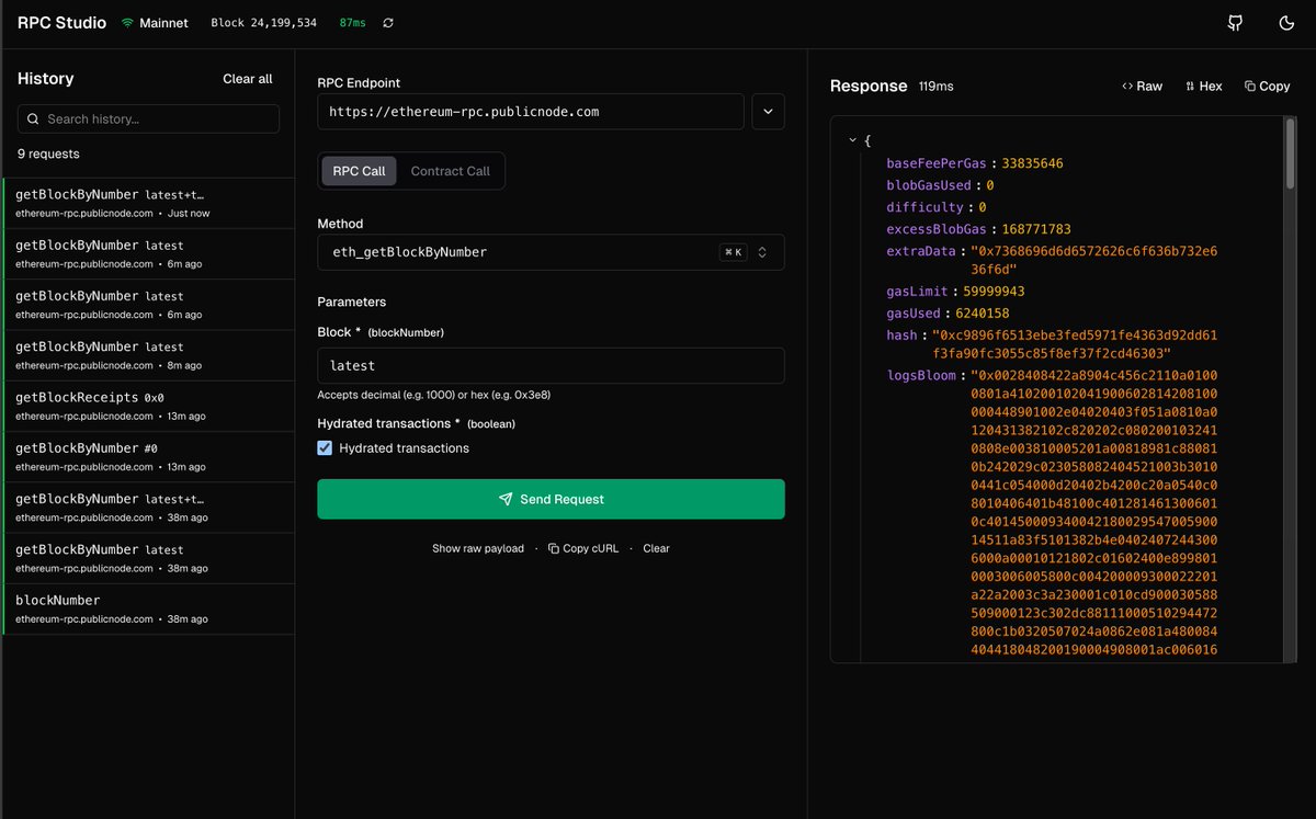 Introducing RPC Studio: A fast, simple way to make Ethereum JSON-RPC calls.  You can also call contract functions by pasting in an ABI! Link + Source  Code 👇