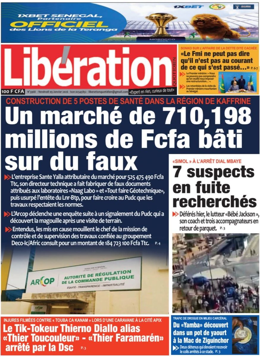 LomediaCom's tweet image. La une du journal Libération de ce vendredi 9 janvier 2026