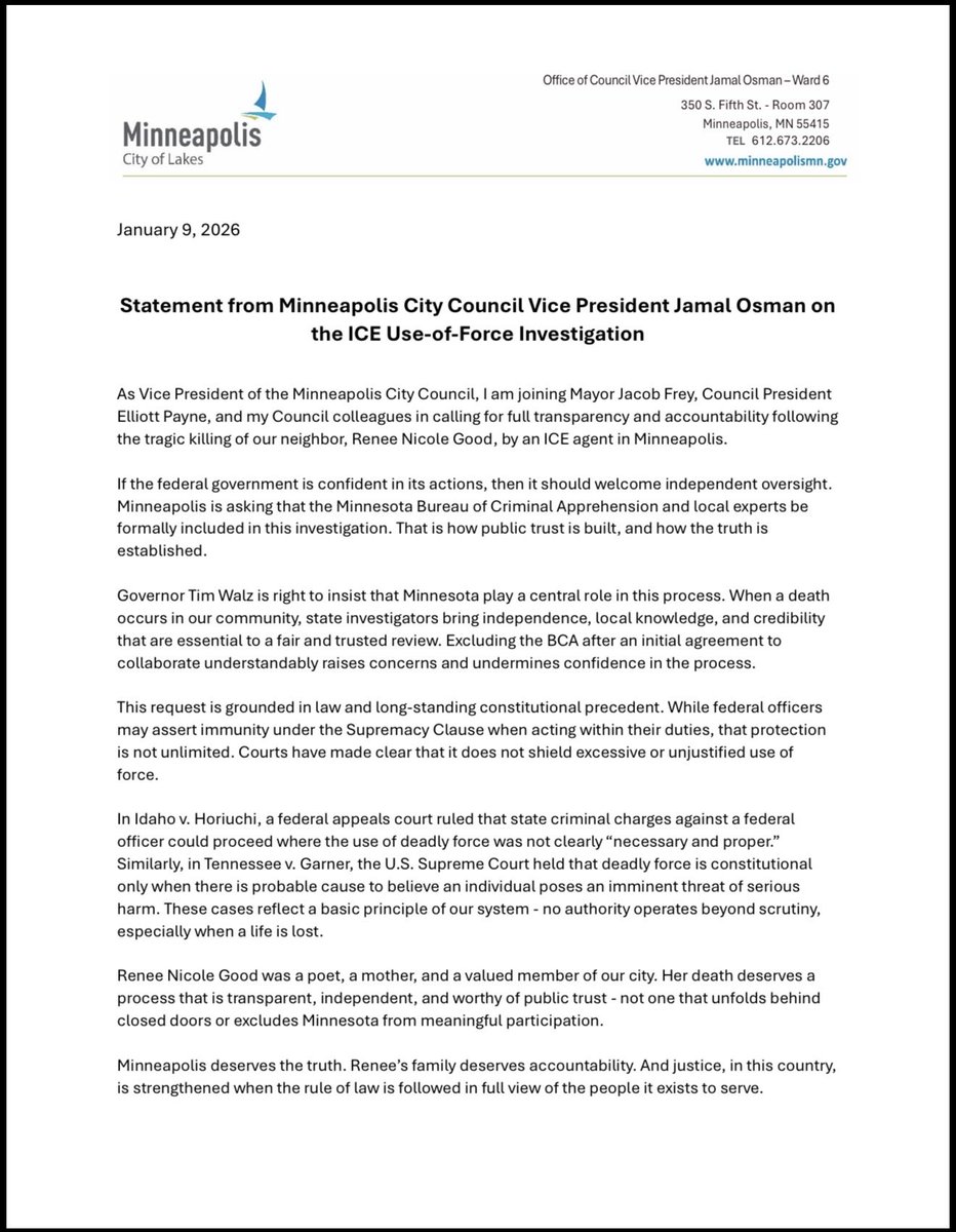 JamalOsmanMN's tweet image. ⚖️🇺🇸 Our community deserves the truth &amp;amp; a process worthy of public trust.

I’m sharing my full statement - echoing @MayorFrey, Council President @ElliottForWard1 &amp;amp; my Council colleagues - on the ICE use-of-force investigation &amp;amp; why independent, state-level involvement matters👇🏾
