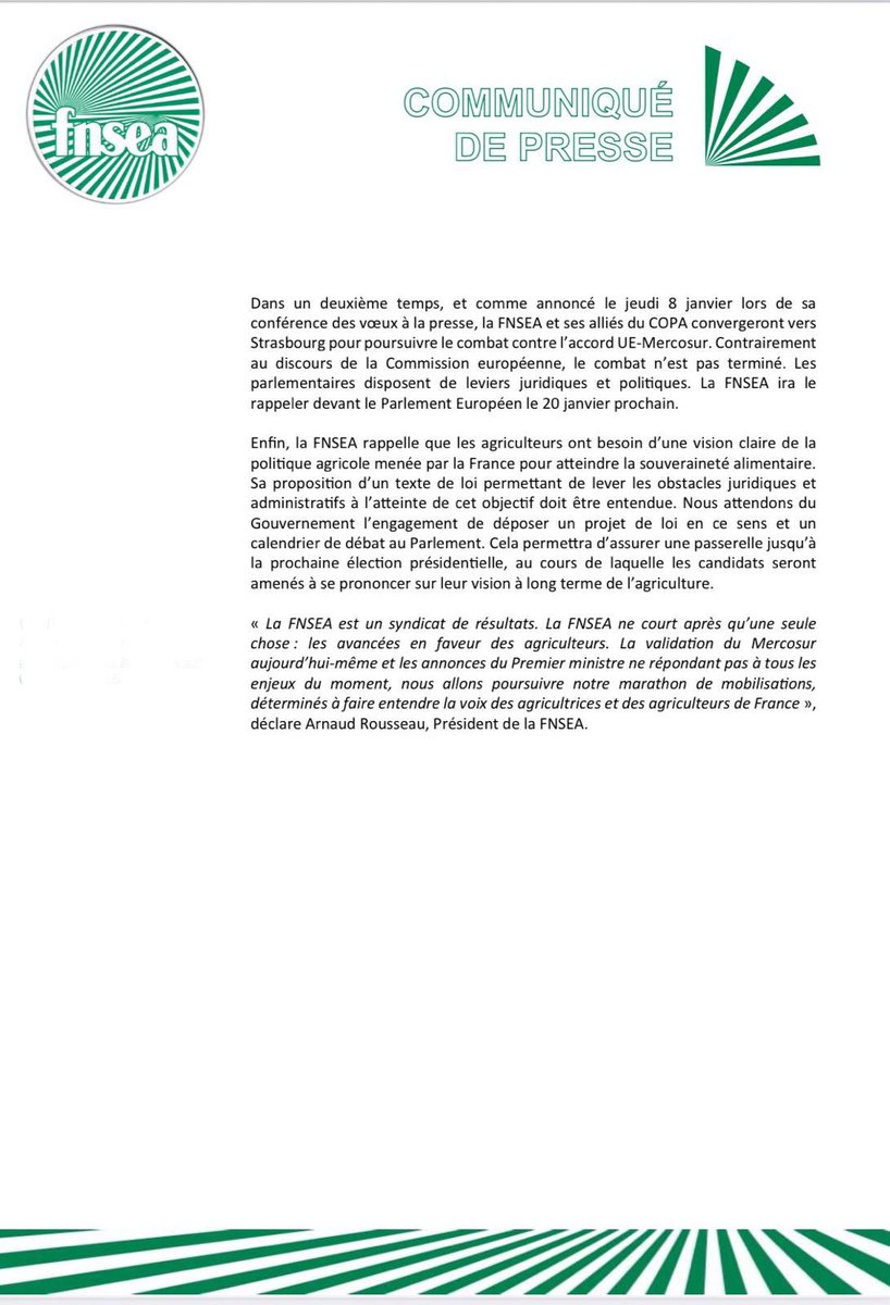 Après des mois de mobilisation et une colère continue sur le terrain, les réponses du Gouvernement ne sont toujours pas à la hauteur de la crise que nous vivons. 

Le compte n’y est pas. 
Le combat n’est pas fini.  
La mobilisation continue.

Réaction de la FNSEA ⤵️