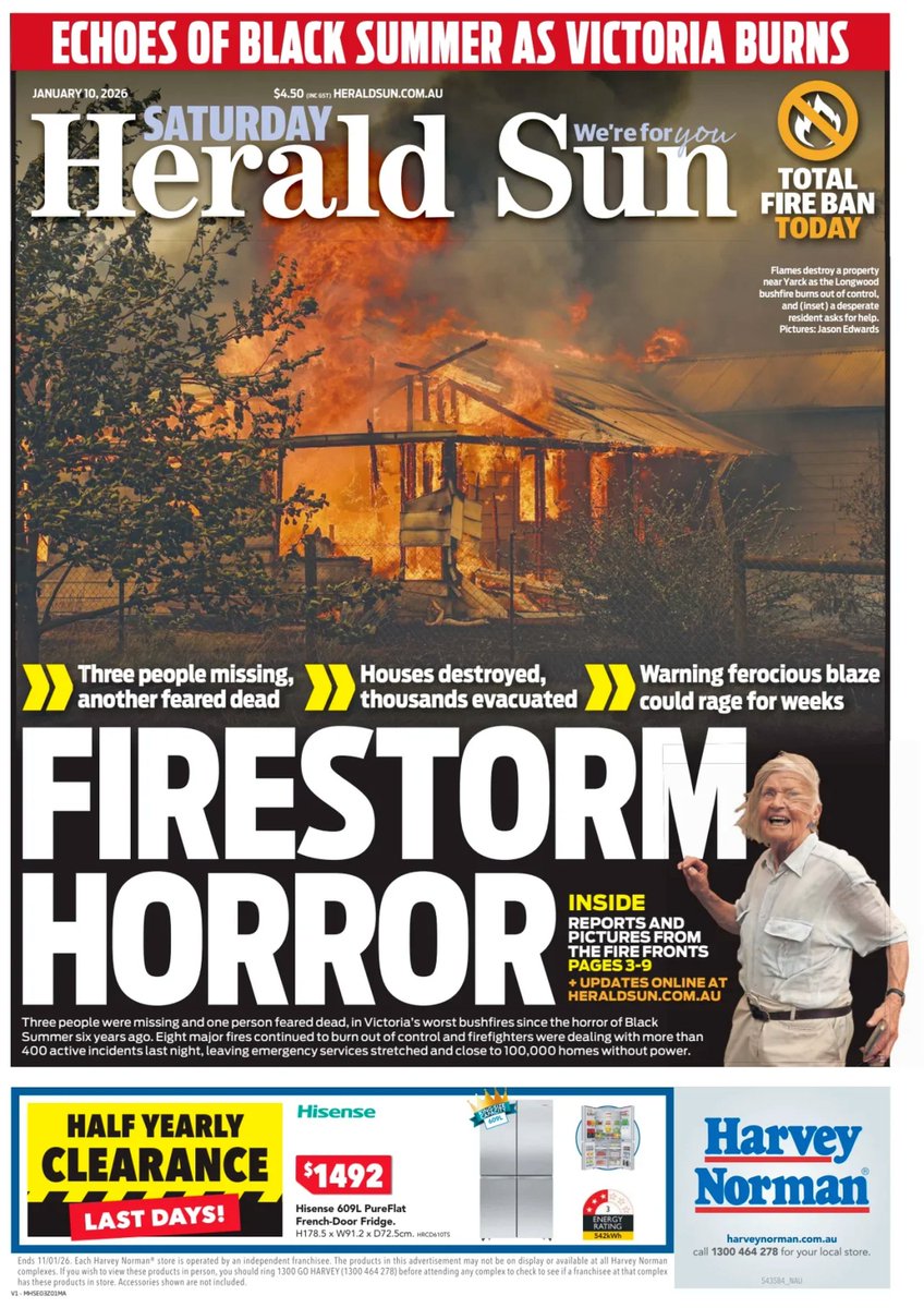 ▫ Firestorm Horror

▫Victoria battling dozens of out-of-control bushfires; major blazes at Longwood and Walwa, widespread power outages
▫<a href="/brendandkearns/">Brendan Kearns</a> <a href="/JordoMc85/">Jordan McCarthy</a> <a href="/GeraldLynch_/">Gerald Lynch</a> <a href="/byoliviajenkins/">Olivia Jenkins</a> 
▫is.gd/dEXR1V

<a href="/theheraldsun/">Herald Sun</a> #frontpagestoday #Australia 🇦🇺