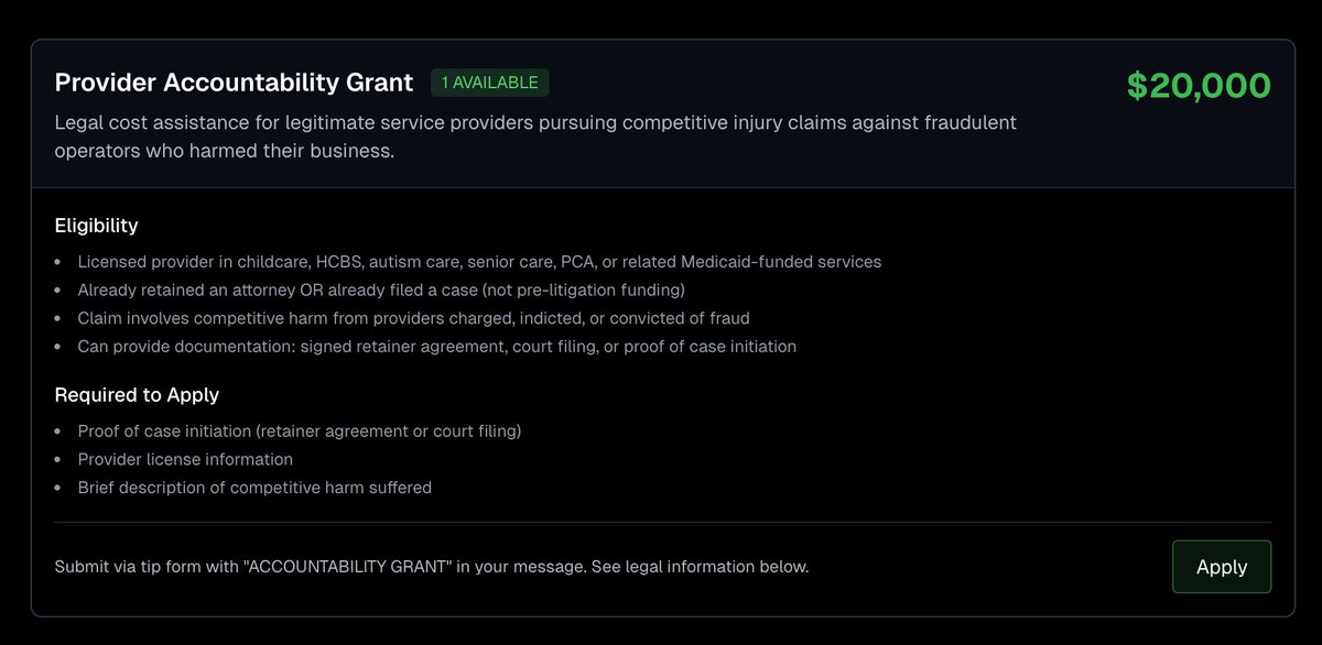 beaverd's tweet image. Happy to announce an applicant for the Provider accountability grant has been awarded the $20,000 available. Until discovery I cannot publicly divulge details but I will update as I'm able. 

If you were affected by ANY fraud anywhere in the USA there is a chance you are able to…
