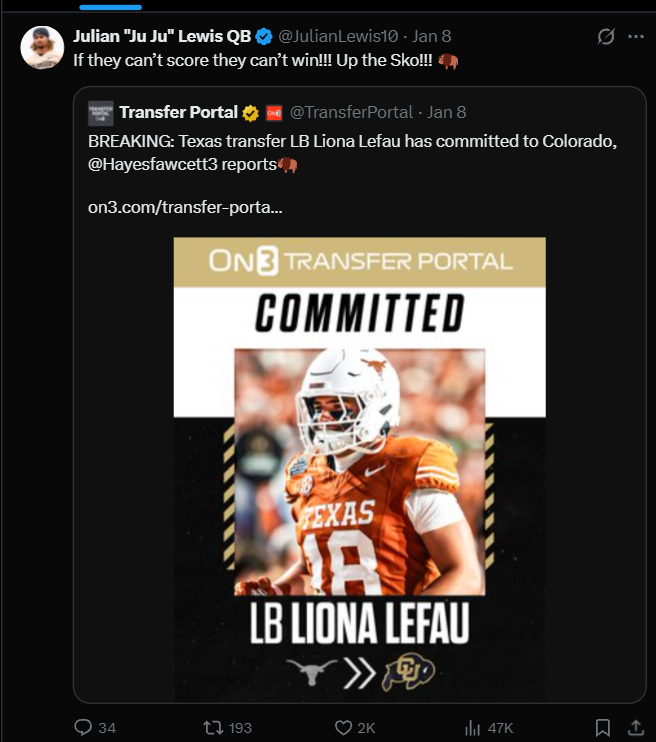 TorresOnCU's tweet photo. Great day to be a Buff. 🦬🔥

Love seeing this team on one vision and one mission.
The players are bought in and recruiting right alongside the staff.

Something special is building in Boulder 👀🦬 https://t.co/vEqtPX4XQI