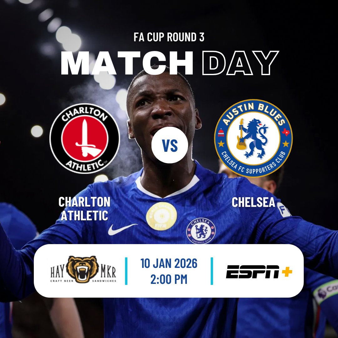 The Rosenior Era begins. See you at Haymaker!

📺: ESPN+
📅: Sat. 10 Jan 2:00pm
🏟:  The Valley
📍: @haymakeraustin

Haymaker Drink Specials:
-🥃$4 WELLS
-🍺$4 WHITE TRASH CAN BEERS

​#CFC #ChelseaFC #AustinBlues #KTBFFH