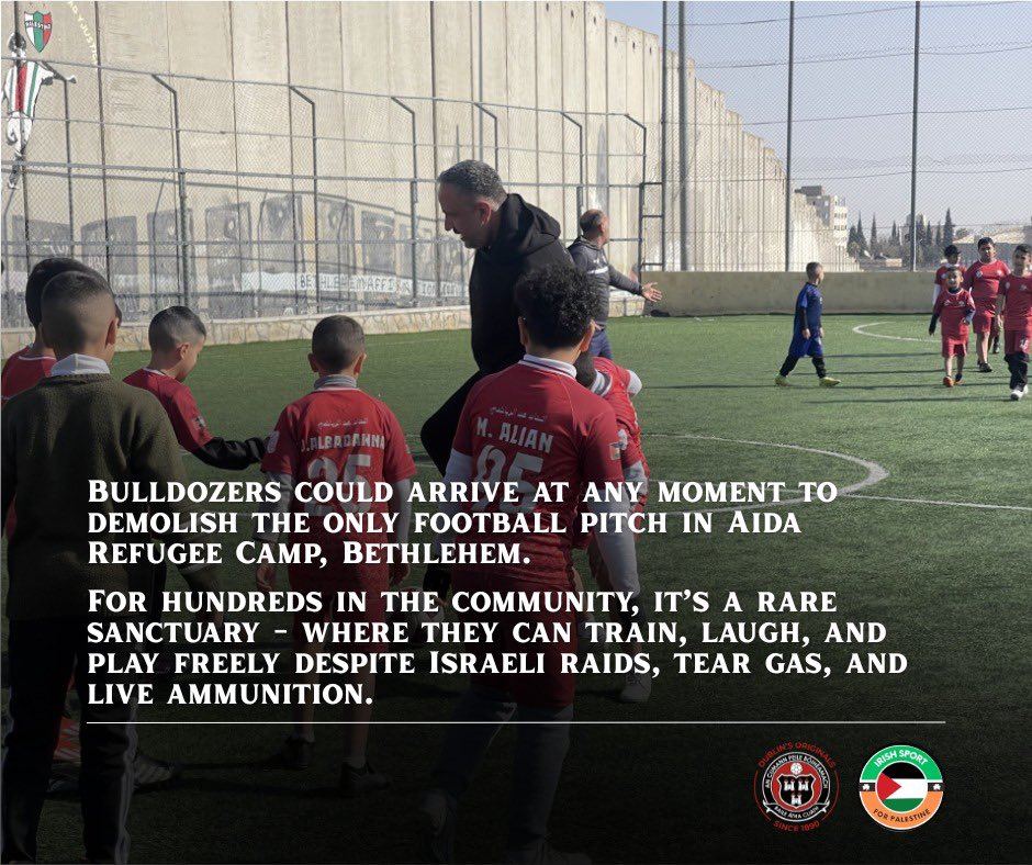 bfcdublin's tweet image. On 31 December, the Israeli military issued a renewed demolition order for the Aida Youth Center’s football pitch, giving the community just one week to comply. The deadline has now passed, and the pitch could be destroyed at any moment.

This space is not just a field; it’s a…