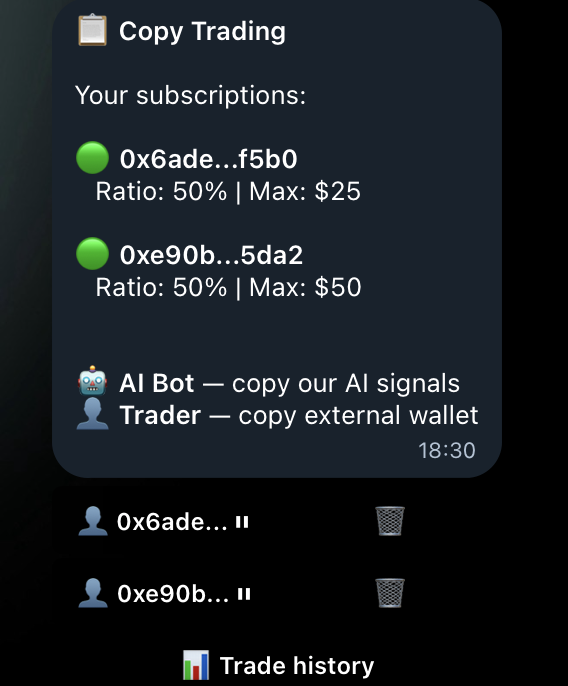 spectraview_io's tweet photo. SpectraView update 💎

We added trade history to copy trading

Now you can see:
💎who you’re copying
💎at what ratio
💎with what risk limit

Copy trading is not just about copying,
it’s about controlling your trades -
not blind repetition
@Polymarket  has been waiting for us 😀

#SPECTRA