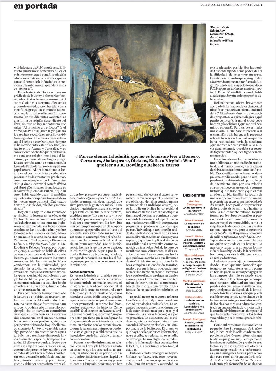 Una educación centrada en lo inmediato puede estar olvidando el valor del silencio, la memoria y el pensamiento profundo. No es lo mismo leer a Homero o Cervantes que a un best seller contemporáneo. La lectura de los clásicos no solo transmite conocimiento, sino una forma de