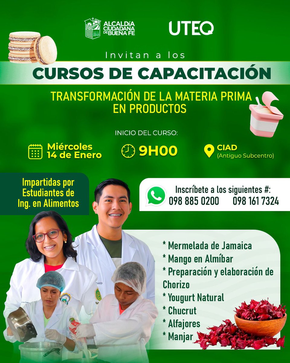 La Alcaldía de Buena Fe invita a la ciudadanía a inscribirse en los Cursos de Capacitación y obtener conocimiento en cada una de sus áreas.
📍 Lugar: Instalaciones del CIAD (Calle Arcadio Fuentes, antiguo subcentro de salud)
🗓️ Fecha: Miércoles 14 de Enero  
🕐 Horario: 9h00