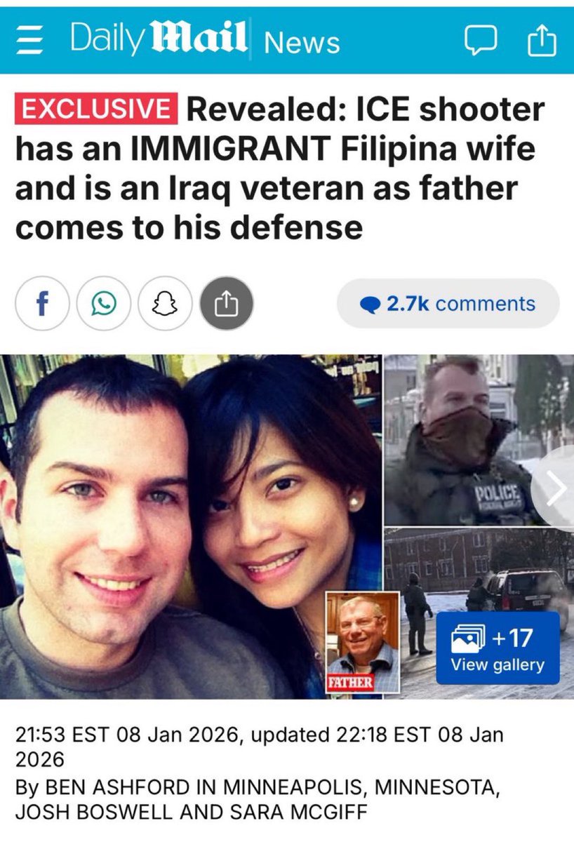 I_amMukhtar's tweet image. It's been revealed that Jonathan Ross, the ICE agent who killed Renee Nicole Good, is married to an immigrant Flippina, and some of the white supremacists MAGA lot have turned on him for "race mixing."
