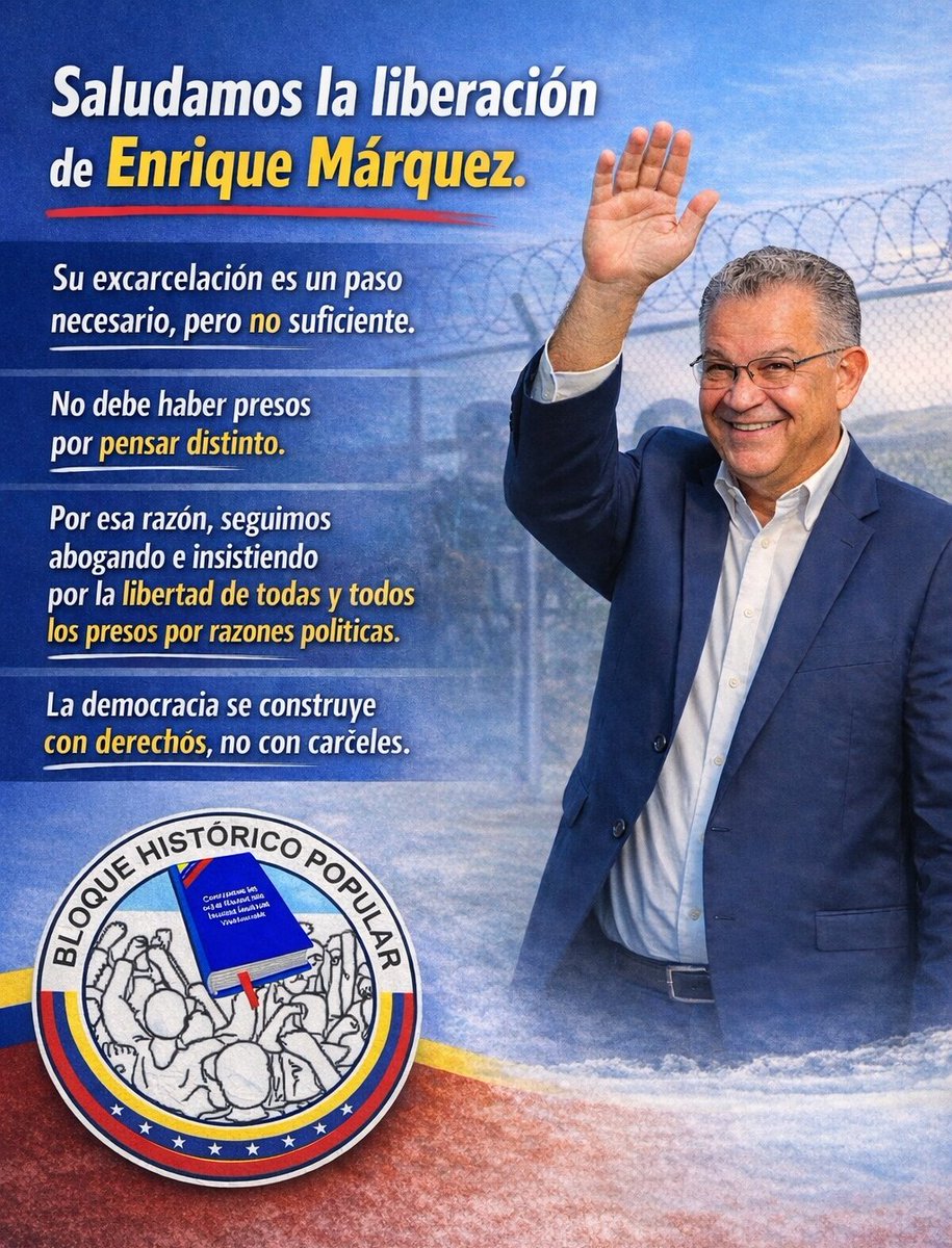 La liberación de Enrique Márquez abre una oportunidad que el país necesita: respeto a los derechos y al debido proceso. No puede haber democracia con presos por pensar distinto. #VolvamosALaConstitución
#LibertadParaTodos