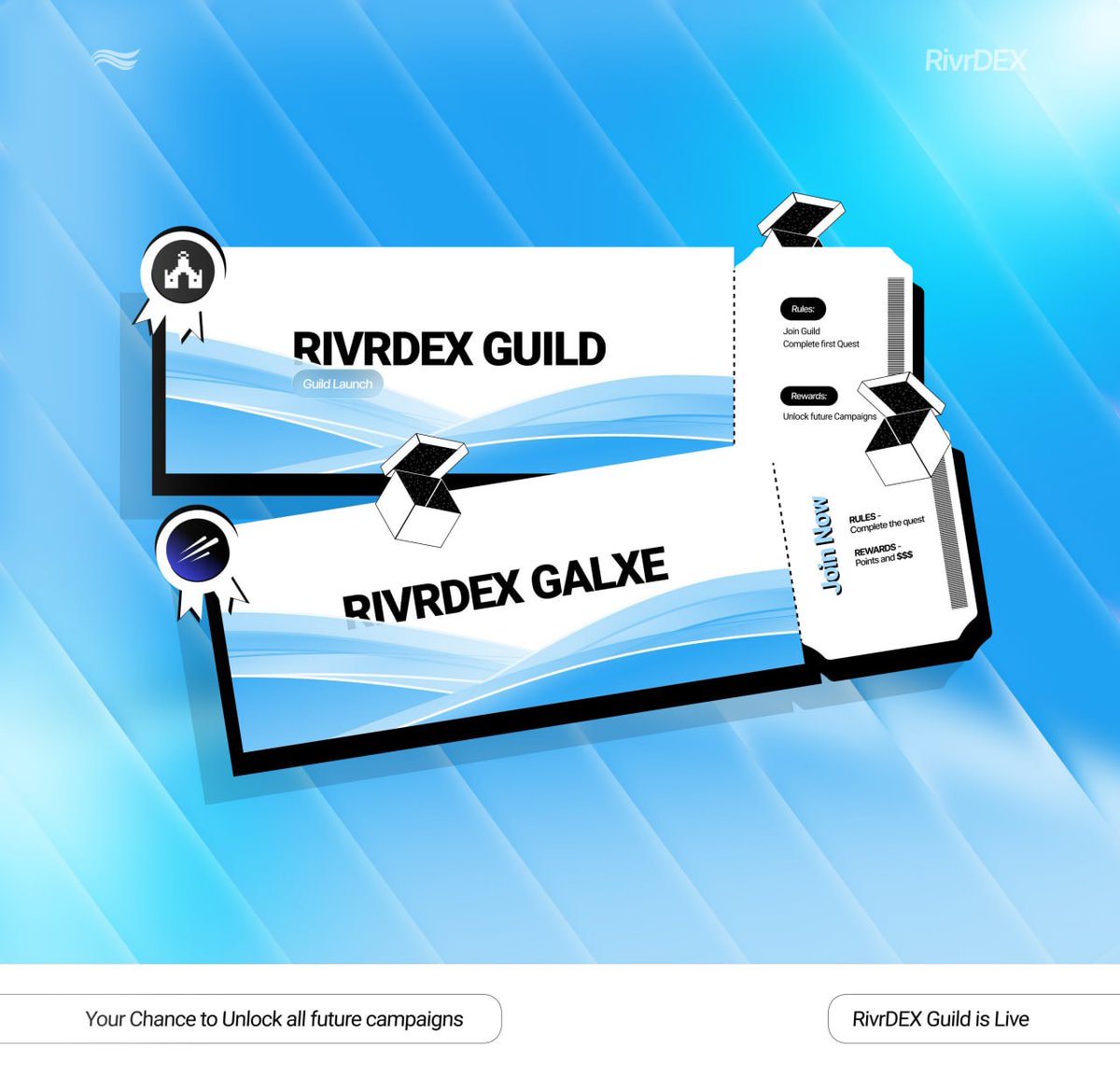 Today we just want to remind you that both of our campaigns are in full swing.

Don’t forget to complete the two main quests on <a href="/guildxyz/">Guild</a> and <a href="/Galxe/">Galxe</a> 

The Guild quest will give you a special RivrX role, which will let you take part in all our future campaigns.

And the Galxe