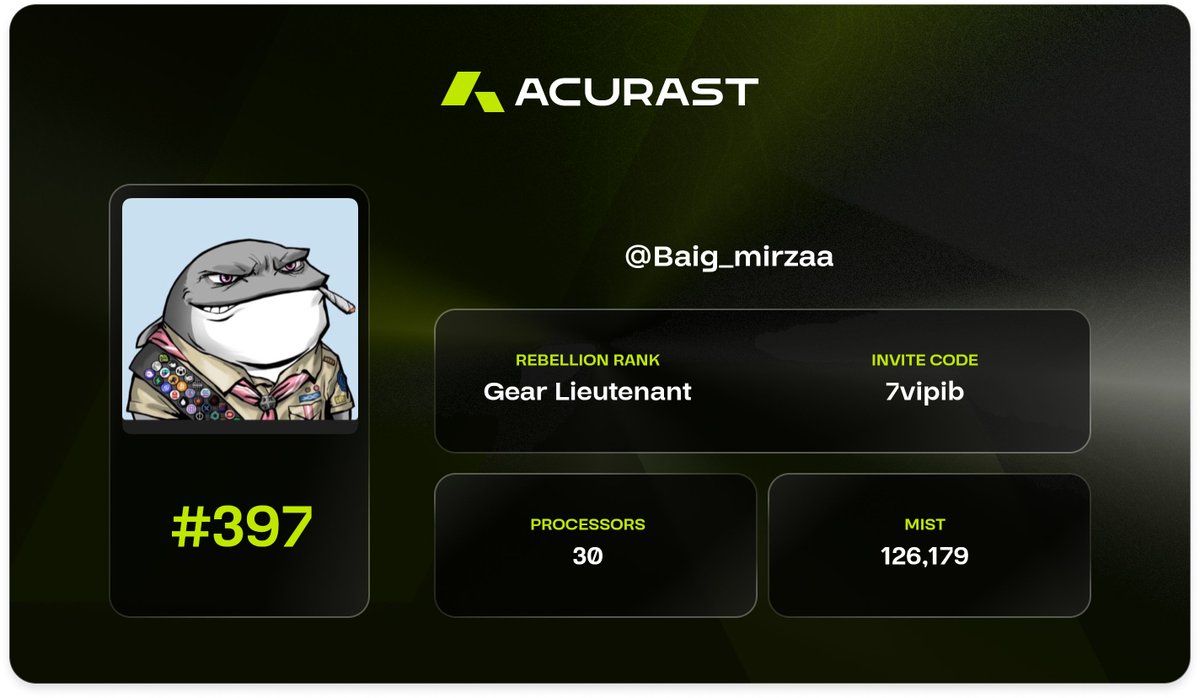 I have just claimed the #397 <a href="/Acurast/">Acurast</a> ID Card.

TGE is closing in, so make sure to claim yours before it's too late! rebellion-backend.acurast.com/id-card/share/…