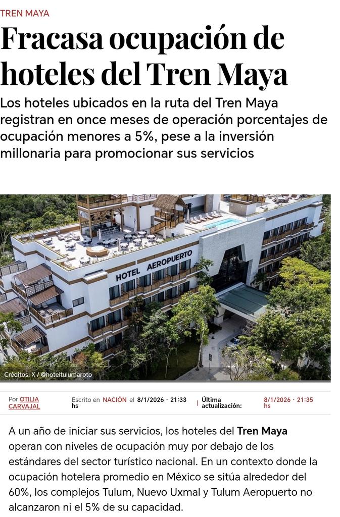 📰 Los hoteles en la ruta del Tren Maya han registrado una baja ocupación desde su inicio de operaciones hace un año. Los que han reportado menos huéspedes son Tulum (el de mayor capacidad), Nuevo Uxmal y Tulum Aeropuerto. 

Les cuento más 🧵 

lasillarota.com/nacion/2026/1/…