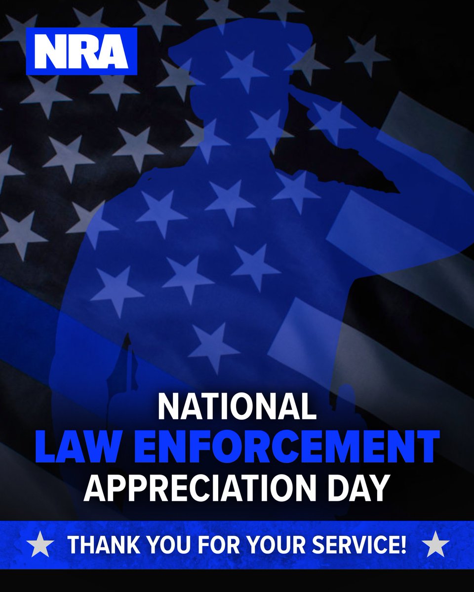 This Law Enforcement Appreciation Day and every day, NRA extends heartfelt gratitude to all members of law enforcement who put their lives on the line every day for our safety.  
 
Your selfless courage, dedication, and service to our communities do not go unnoticed. 🇺🇸