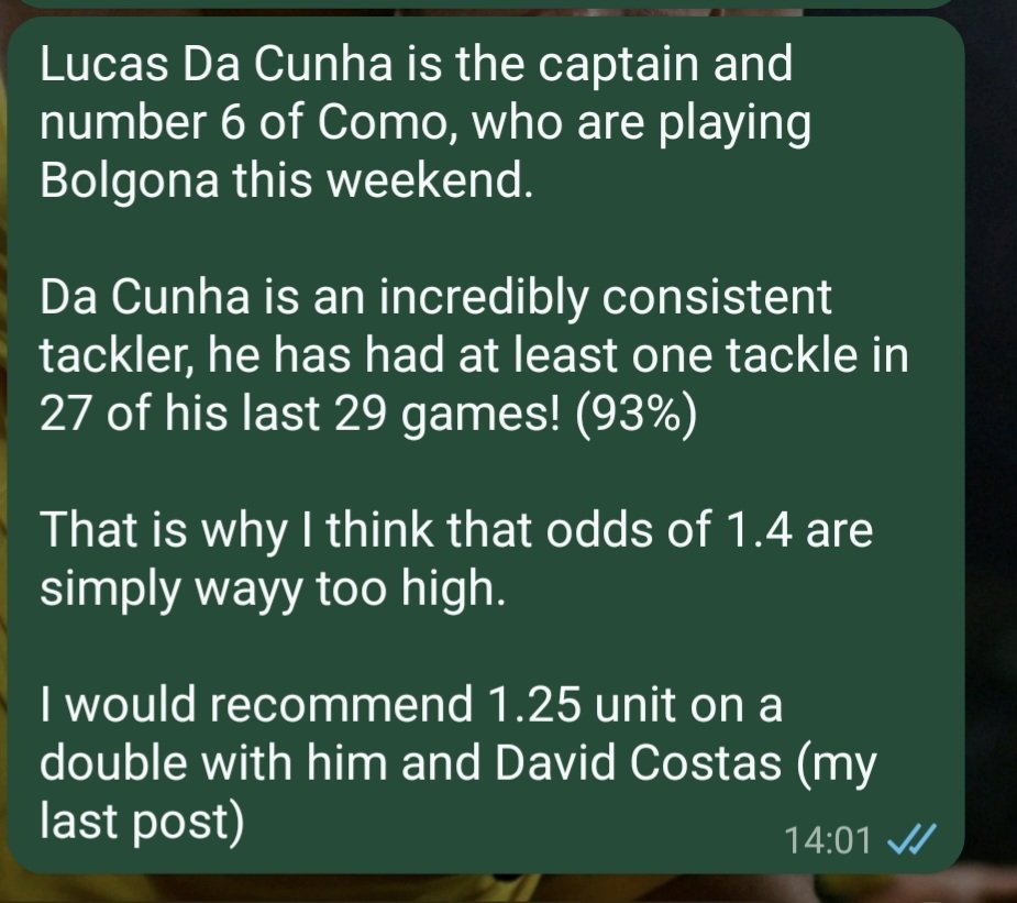 BetsConStats's tweet image. Serie A 10/1/2026
MASSIVE value👀

Lucas Da Cunha &amp;gt; 0.5 tackles
Odds of 1.4 on Bet365 
He has hit this in 27 of his last 29 starts! (93%)

See second photo for full explanation!

All stats by @StatsHubCom 🫡