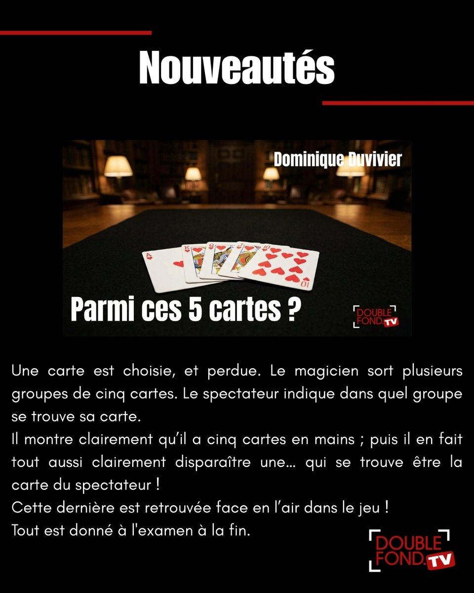 Ne manquez pas le nouvel épisode de la « Conférence de Luke Jermay ». LA légende vivante de la magie et du mentalisme partage avec vous quelques uns de ses secrets😉 @lukejermay
 Puis, un tour qui va vous rendre dingue : « Parmi ces 5 cartes ? » de Dominique Duvivier.