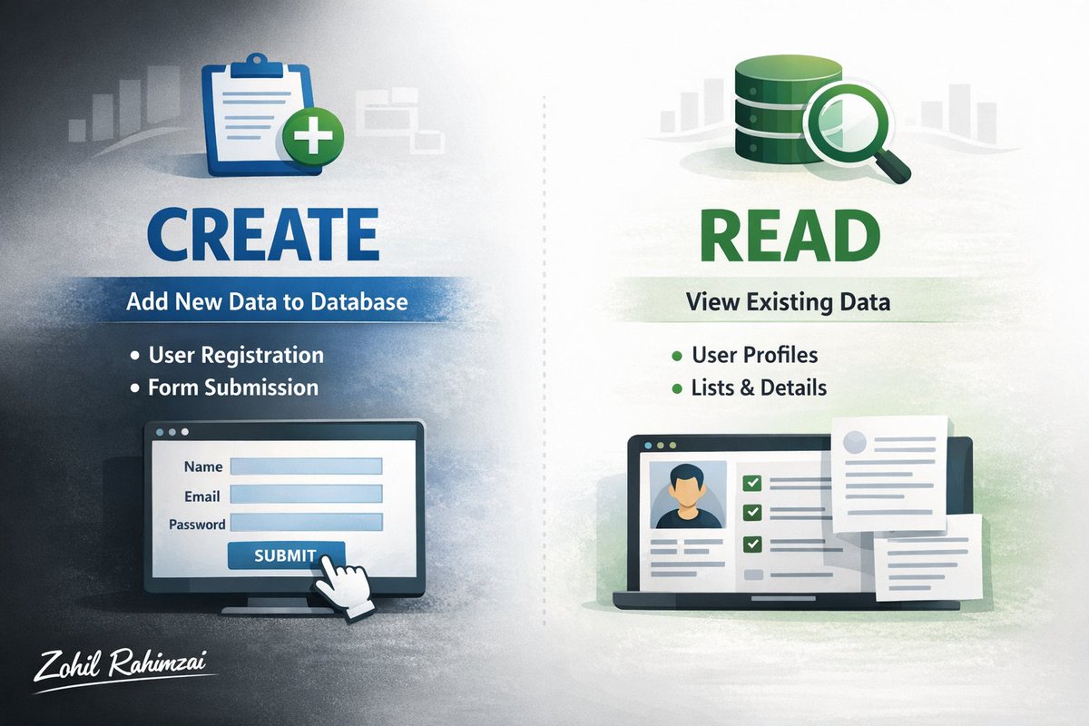 ZohilRahimzai's tweet image. CRUD (Create, Read, Update, Delete) is a basic concept used in databases and backend development.

Create: Adds new data or records to a database.

Read: Retrieves or views existing data from the database.