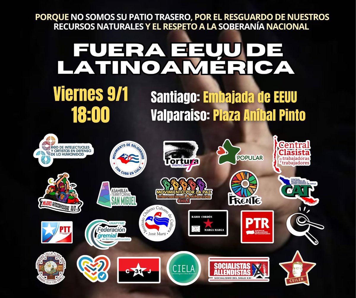 PaolaDragnic's tweet image. 🚨 HOY - Masiva convocatoria en el frontis de la Embajada de Estados Unidos en Chile. Diversas organizaciones sociales y políticas de Chile condenan la injerencia norteamericana en el continente y advierten el riesgo que significa el ataque contra Venezuela para la región que…