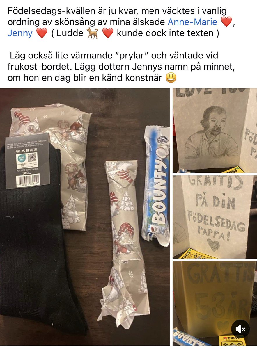 Födelsedags-kväll är ju kvar, men väcktes i morse  av skönsång av mina älskade <a href="/Amlotta64Marie/">Anne-Marie Andersson</a>  ❤️, <a href="/jennyann04011/">Jenny Andersson</a>  ❤️ ( Ludde 🐕 ❤️ kunde dock inte texten ) 

 Låg  lite värmande ”prylar” vid frukost-bordet.Lägg dottern Jennys namn på minnet, om hon en dag blir känd konstnär 😃