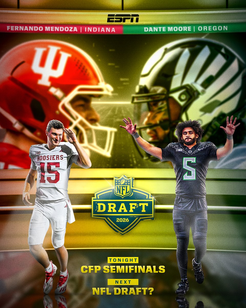 Indiana vs. Oregon: showtime. 🍿

Fernando Mendoza and Dante Moore are the projected No. 1 and No. 2 picks in <a href="/Jordan_Reid/">Jordan Reid</a>'s 2026 NFL mock draft 📈