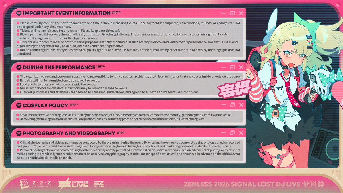 SanZSTUDIO_ZZZ's tweet image. Zenless Zone Zero ☆ Z LIVE 2026 — New York Info Revealed

Hello, Proxies!
It’s your old friend Yi here.
Bzzt—bzzt—connection to the New York stop established.
 
Signal Lost DJ Live is officially starting!
Are you ready for this special performance?

New York Dates:
March 21–22,…