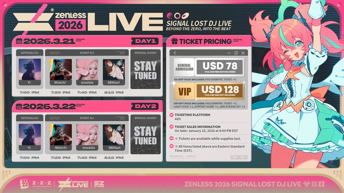 SanZSTUDIO_ZZZ's tweet image. Zenless Zone Zero ☆ Z LIVE 2026 — New York Info Revealed

Hello, Proxies!
It’s your old friend Yi here.
Bzzt—bzzt—connection to the New York stop established.
 
Signal Lost DJ Live is officially starting!
Are you ready for this special performance?

New York Dates:
March 21–22,…