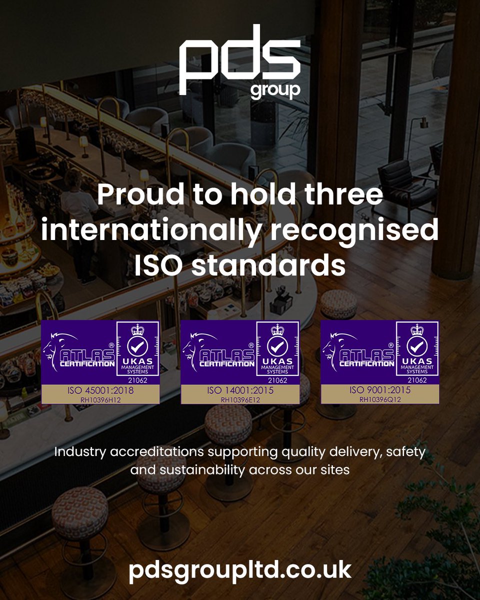 PDSDesignBuild's tweet image. We’re proud to hold three internationally recognised ISO standards.

A strong benchmark for the business and a solid foundation for continued delivery.