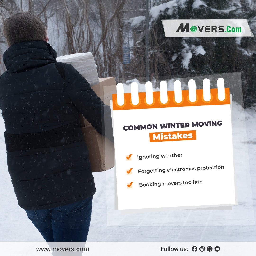 MoversCom's tweet image. Avoid common winter moving mistakes. Plan ahead and move smarter with trusted movers from Movers.com.

#MoversCom #WinterMoving #MovingMistakes #MovingTips #SafeMoving #ProfessionalMovers #StressFreeMove #ColdWeatherMove #HomeMoving