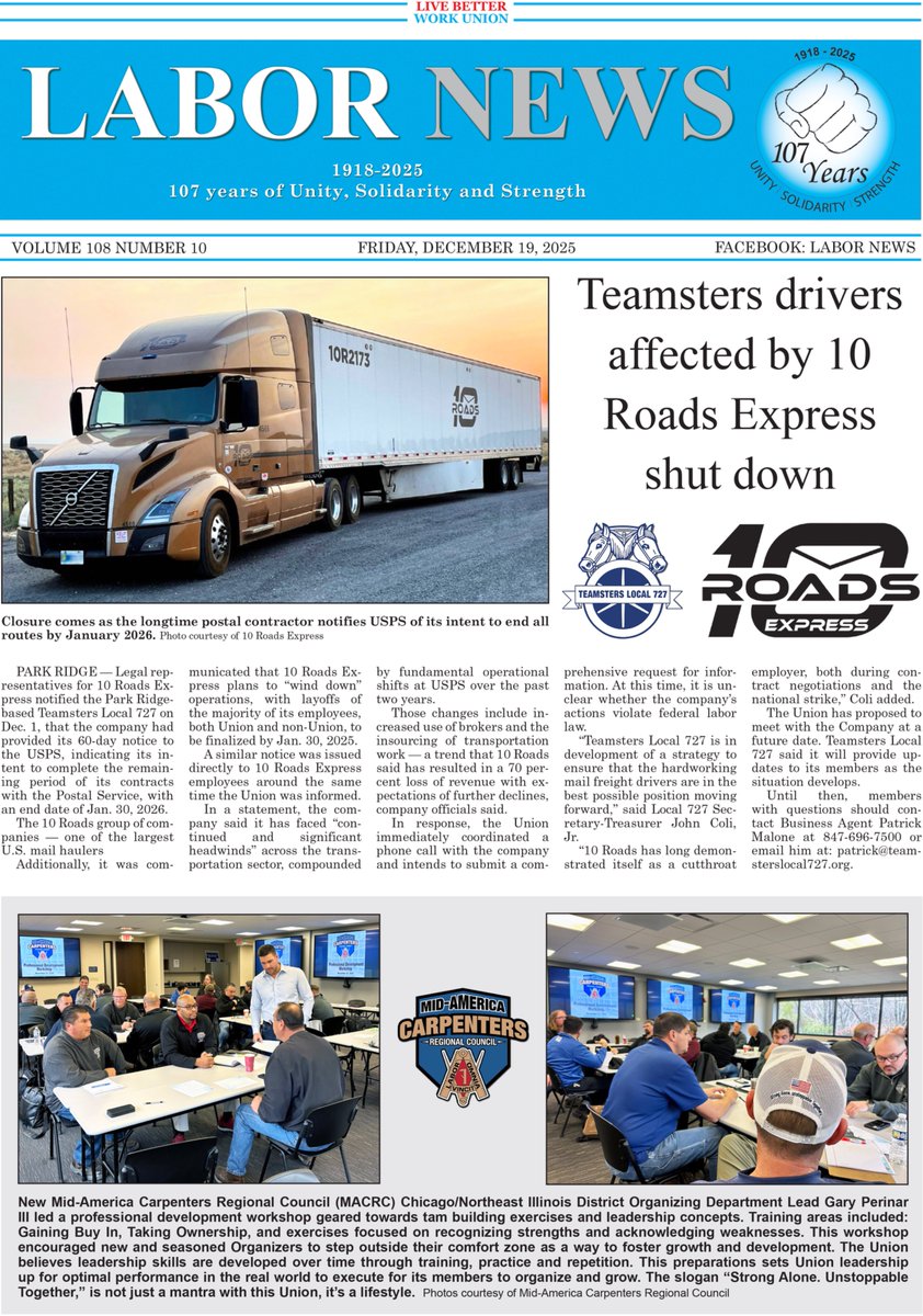 Labor_News's tweet image. 10 Roads Express told @Teamsters Local 727 it will wind down operations as it completes its USPS contracts, with layoffs by Jan. 30.
@MidAmCarpenters Chicago/Northeast IL Dist is investing in its future w/hands-on leadership &amp;amp; organizing training.
#Teamsters #LaborNews #MACRC