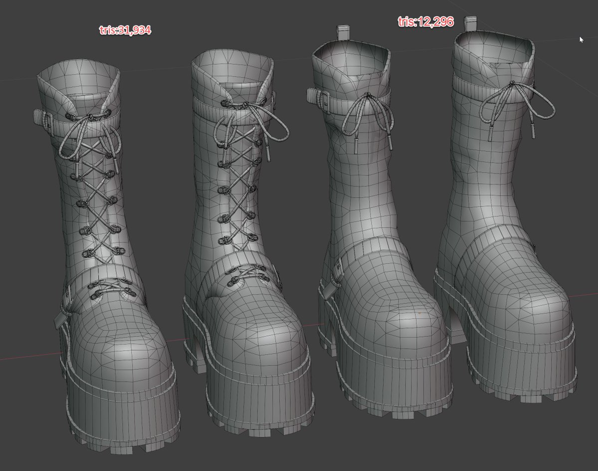 Neogools's tweet image. 개인 작업이라 퀄리티 욕심내서 신발끈까지 다 모델링했는데, 만드는 김에 에셋화해서 판매까지 해보려고 최적화 작업 중.

1. 신발끈+버클 풀 모델링 
2. 신발끈+버클 노말맵 추출 적용

직접 비교해 보니 생각보다 큰 차이가 없다. 
그런데 폴리곤은 약 2.6배나 차이 남... 
물론 노말맵 해상도가…