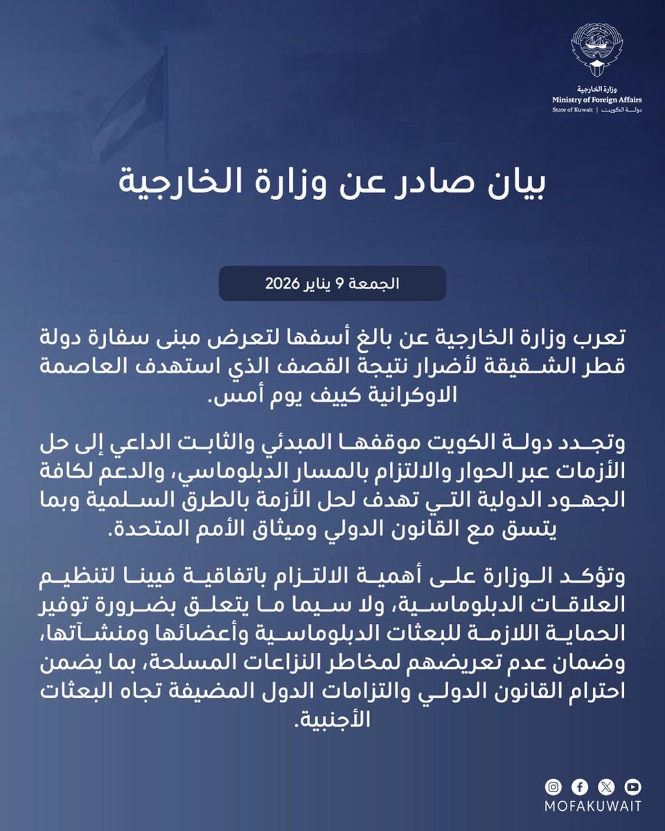 بيان صادر عن وزارة الخارجية
الجمعة 9 يناير 2026

تعرب وزارة الخارجية عن بالغ أسفها لتعرض مبنى سفارة دولة قطر الشقيقة لأضرار نتيجة القصف الذي استهدف العاصمة الاوكرانية كييف يوم أمس.

وتجدد دولة الكويت موقفها المبدئي والثابت الداعي إلى حل الأزمات عبر الحوار والالتزام بالمسار