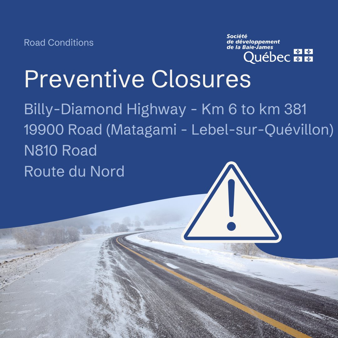 🚧 Preventive closures – Update
Freezing rain and low to zero traction. Roads closed: BDR (km 6–381), N810, Route du Nord (km 407–300) and Road 19900. Sanding operations underway. Update to follow.