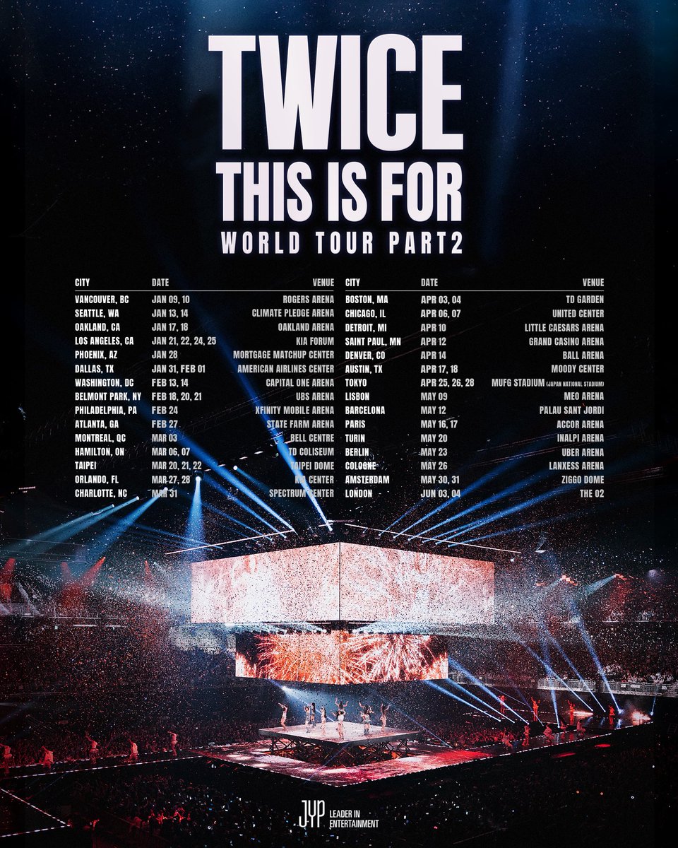 JYPETWICE's tweet image. TWICE  &amp;lt;THIS IS FOR&amp;gt; WORLD TOUR PART 2

2026 is here and we’re back on the road.

Part 2 of the world tour begins today.
Let’s start strong, VANCOUVER! 🔥

#TWICE #트와이스 #THISISFOR
#TWICE_THISISFOR_WORLD_TOUR