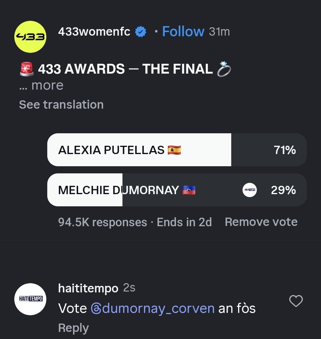 Final la demare san atann 

Kouri vin vote Melchie Dumornay sou paj <a href="/433womenfc/">433 Women</a> 

Lyen: instagram.com/p/DTS7z5JCCbv/…