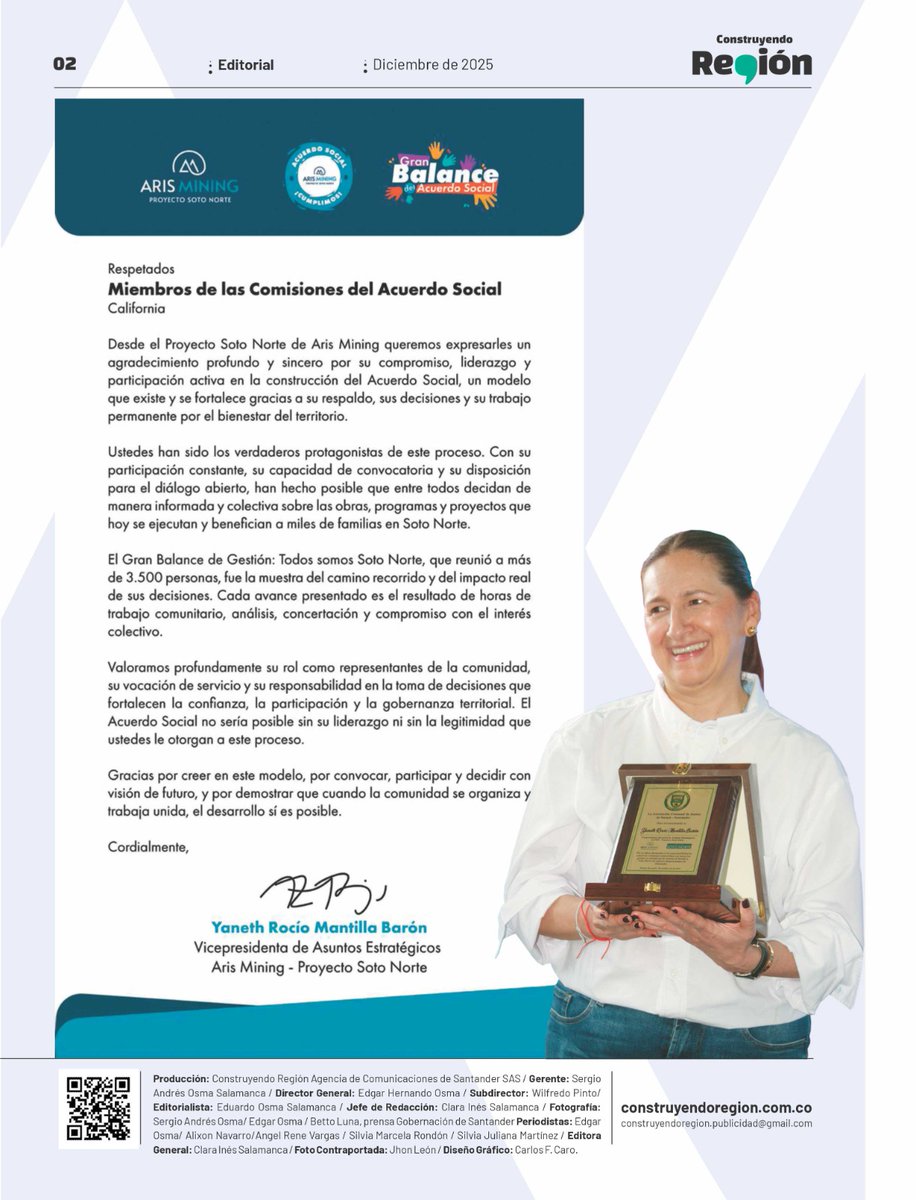 ConRegion's tweet photo. UN MENSAJE PARA LA COMUNIDAD‼️
Les invitamos a leer en la página del editorial el mensaje de Yaneth Mantilla B., vicepresidenta de Asuntos Estratégicos de Aris Mining PSN, dedicado a reconocer el apoyo y la confianza de la gente de Soto Norte. Esto y mas en la edición que pronto estará en circulación.
#ComunicaciónComunitaria #PeriodismoDeSolución #TrabajoEnEquipo