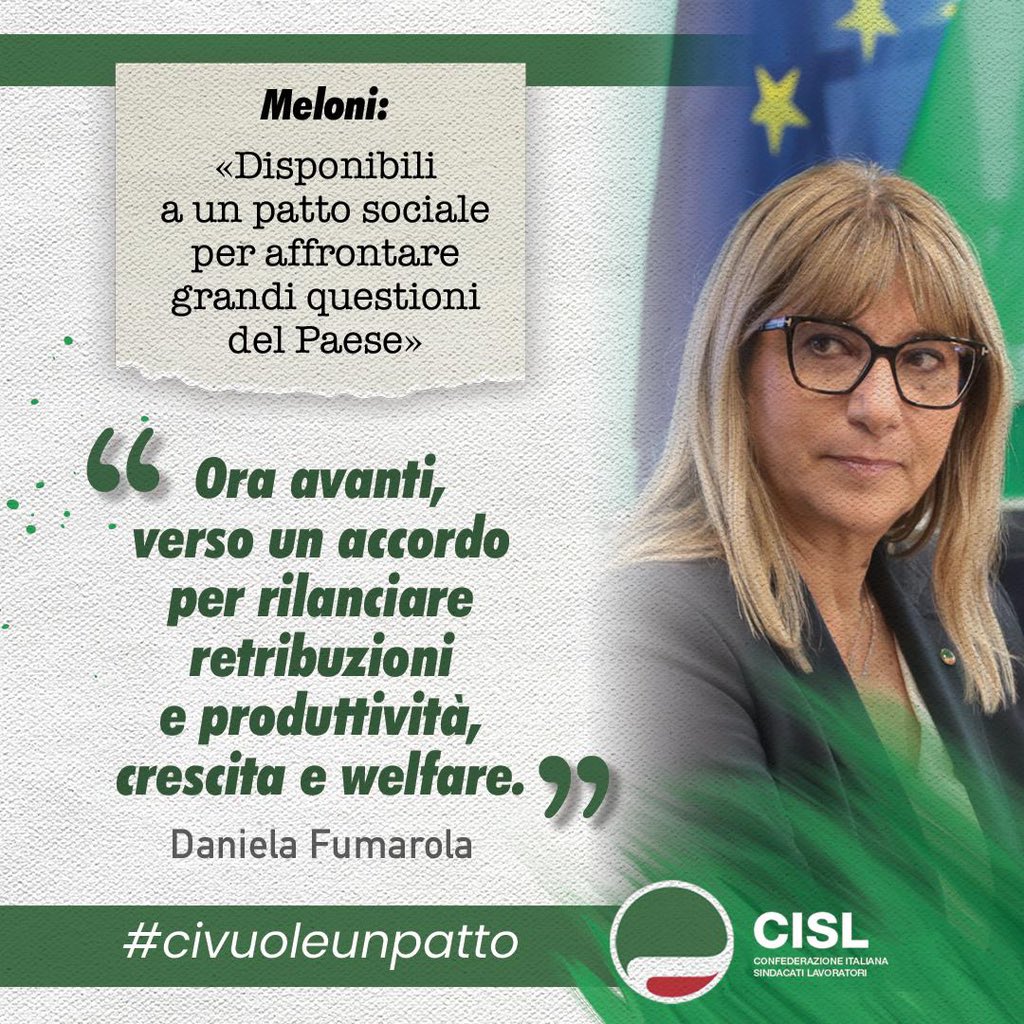 CislNazionale's tweet photo. #DanielaFumarola: “Dalla Premier Meloni oggi è arrivata una fondamentale conferma sulla volontà del Governo ad accogliere l’appello della Cisl per nuovo Patto tra Governo e parti sociali riformiste per affrontare le sfide della qualità del lavoro, delle nuove tutele, della competitività delle imprese, di un welfare universale e vicino alla persona”.
Leggi il comunicato👉 https://t.co/HBIsYZLCbB