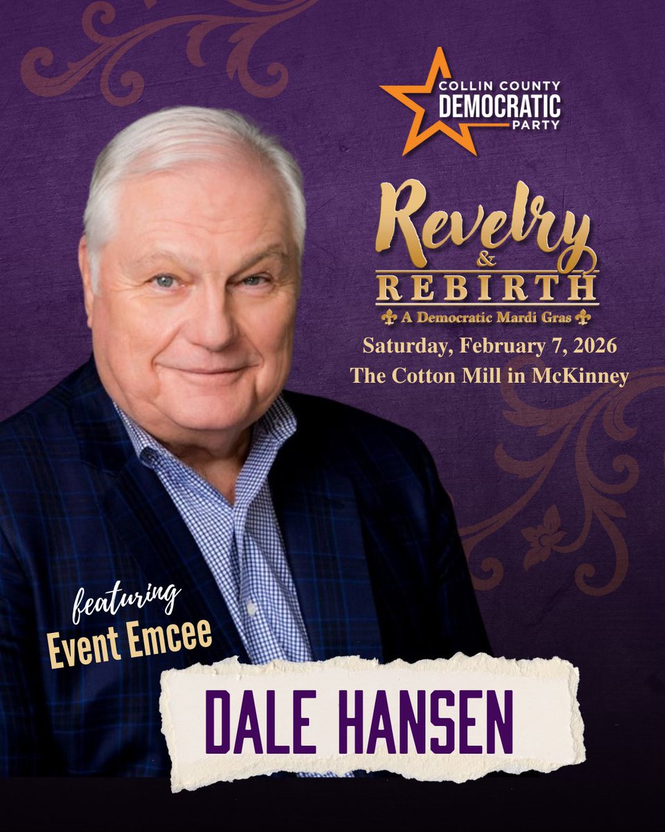 CollinDemocrat's tweet photo. We’re proud to welcome Dallas icon Dale Hansen as the emcee for our gala.

Join us on Feb 7th at The Cotton Mill. Click on the link below for tickets!

https://t.co/HrlPXZclrC

 #TexasPolitics #Election2026 #CollinCounty #TexasVoters https://t.co/VqJluBM5lZ