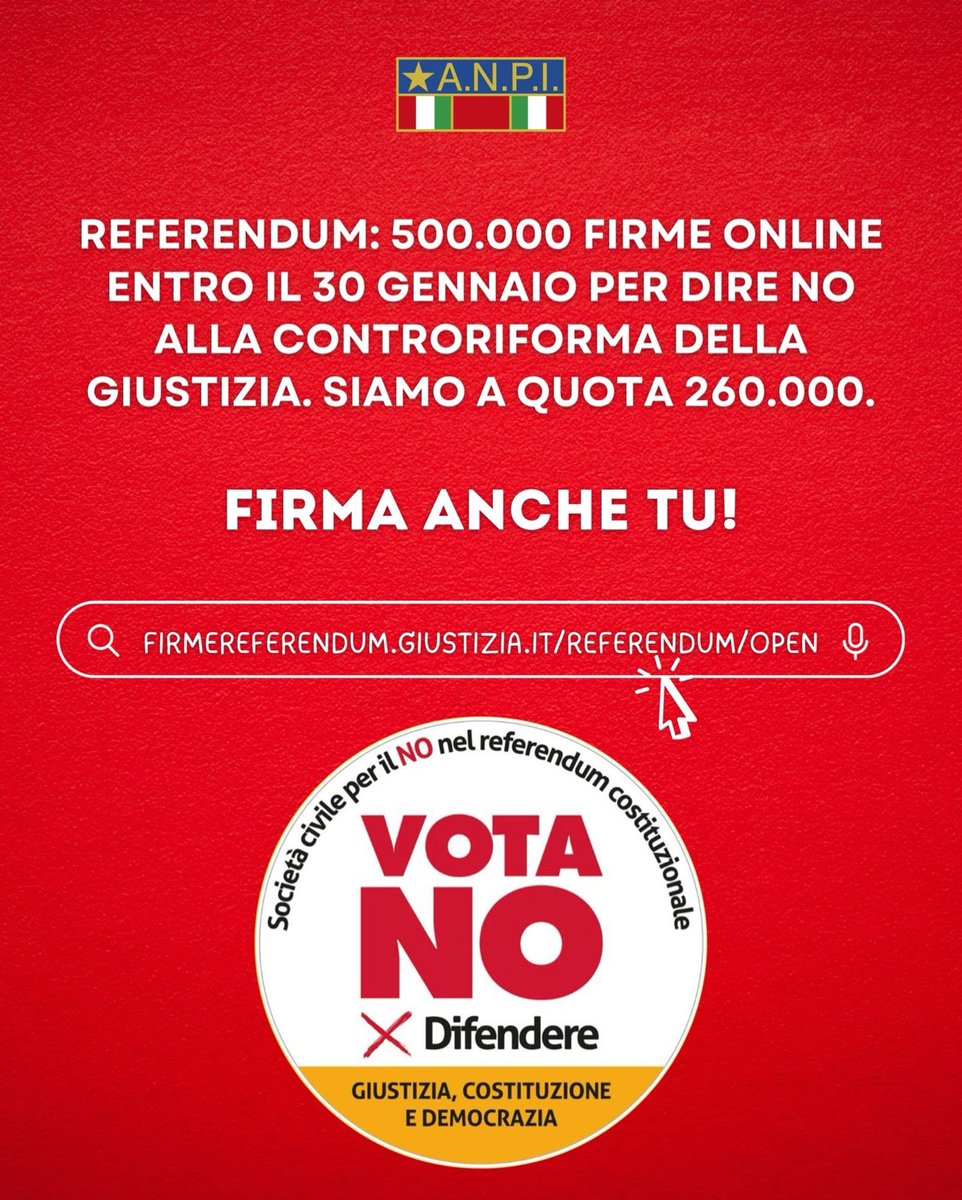 Firma ora per difendere la Costituzione!
Non permettere che si indeboliscano i magistrati e il loro potere di controllo sugli atti dei governi.

✍🏻 Vai a questo indirizzo con SPID o CIE e segui le istruzioni:
firmereferendum.giustizia.it/referendum/ope… 🔍