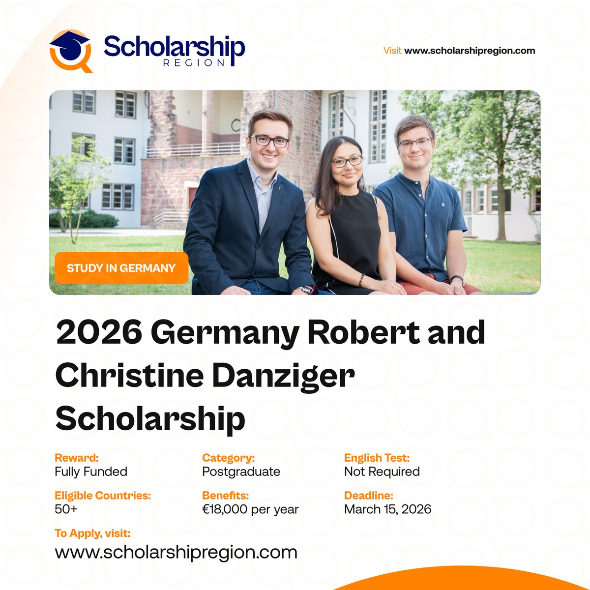 scholarsregion's tweet photo. Fresh Opportunity!

Germany Robert and Christine Danziger Scholarship 2026

The Heidelberg University in Germany is offering a fully funded postgraduate scholarships for students from African countries.

The scholarship includes full tuition and €18,000 annually for the winners. Application is open till March 15, 2026

Click link to apply 📌  
https://t.co/lRPjXXI9Ts