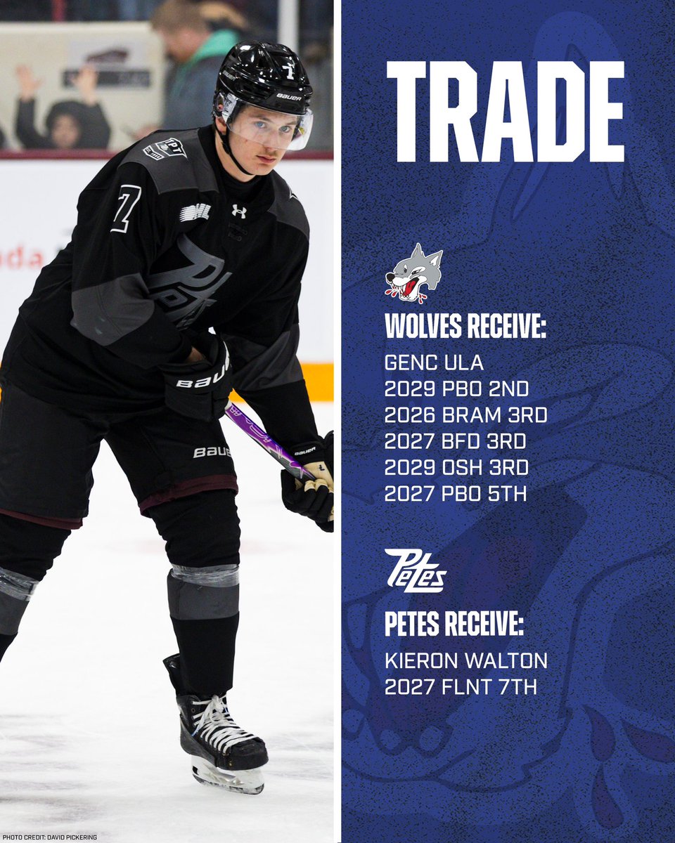 Sudbury_Wolves's tweet image. The Sudbury Wolves have acquired five draft selections and Genc Ula from the Peterborough Petes in exchange for Kieron Walton and a 2027 Flint 7th round selection.

Welcome to Wolves Nation, Genc! 🐺

🗞️: sudburywolves.com