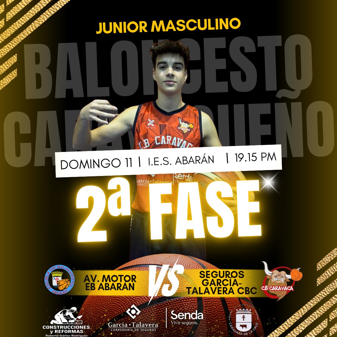 🏆 JUNIOR MASCULINO
🏀 2 FASE
📅 Domingo 11
🕒 19:15h.
🆚 EB Abarán 
📌 I.E.S. Abarán 

Comienza una nueva fase y el Junior Masculino quiere comenzar el año con victoria ante un duro rival.

¡VAMOS CARAVACA! 🏀♥️💪🏻

#SomosEquipo #CBCaravaca