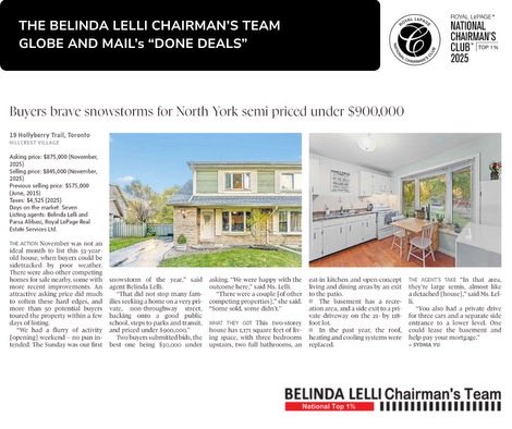The Belinda Lelli Team is featured in today's Globe and Mail "Done Deals" for the sale of 19 Hollyberry Trail, Toronto.

The Belinda Lelli Team delivers proven results and expert knowledge. 
#globeandmail #donedeals
#BelindallLelliTeam #chairmansclub2025 #toprealestateteam