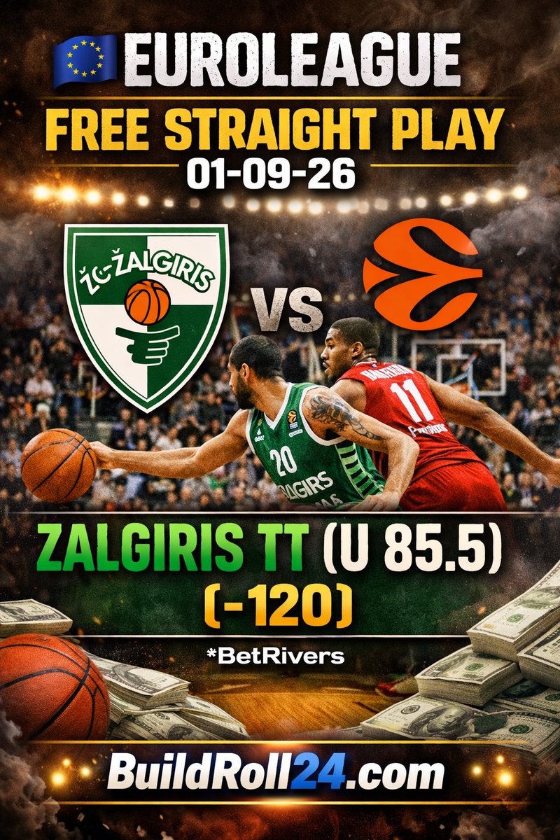 BuildRoll24's tweet image. 🇪🇺 EUROLEAGUE FREE STRAIGHT PLAY 01-09-26 🏀

- GOING FOR WIN #4 IN OUR LAST 5 FREE PLAYS 🔥
FADING ZALGIRIS TEAM TOTAL AT HOME — PUBLIC EXPECTS A BOUNCE BACK AFTER THE VIRTUS LOSS, BUT RED STAR’S SMOTHERING DEFENSE SHOULD KEEP THIS ONE LOW.

#EuroLeague #FreePicks #ABL #VVCREW