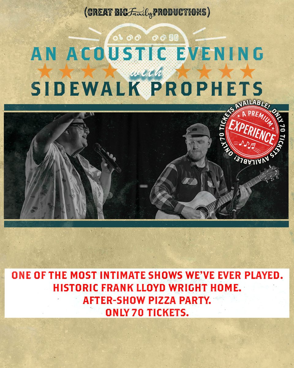 swprophets's tweet photo. Stoked for this!
 
🏛️ Hosted inside a historic Frank Lloyd Wright–designed home, The Bradley House
    🍕 After-show pizza party
    🎟️ Only 70 tickets available

Capacity is extremely limited.
Once it’s full, it’s full.

Access Code: SWPACOUSTIC
Tickets: https://t.co/UffRe2ESNG https://t.co/N4vdKknwRH