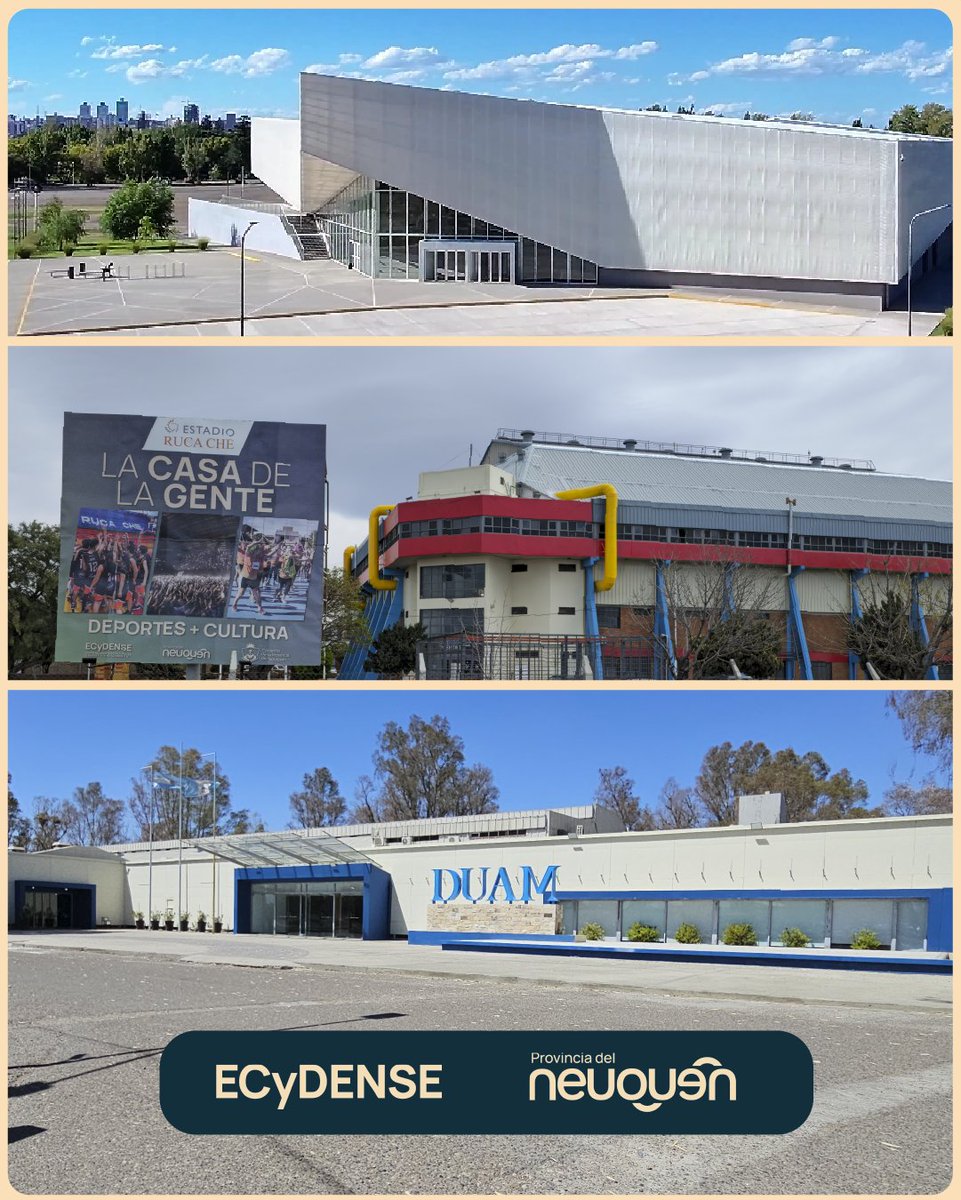 ecydense's tweet photo. 🏠Tres espacios que nos invitan a estar cerca. 
Unidos por la cultura, el deporte y el turismo de reuniones.

¡Listos para nuevas experiencias!

#DomuyoNqn #EstadioRucaChe #EspacioDuam

@GobProvinciaNqn https://t.co/q7U7zIkqP1