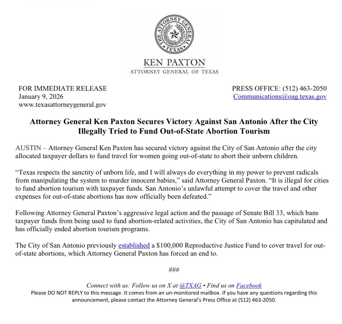 KenPaxtonTX's tweet image. BREAKING: I just secured victory against San Antonio after the city illegally tried to fund abortion tourism.

San Antonio’s unlawful attempt to cover the travel and other expenses for out-of-state abortions has now officially been defeated.